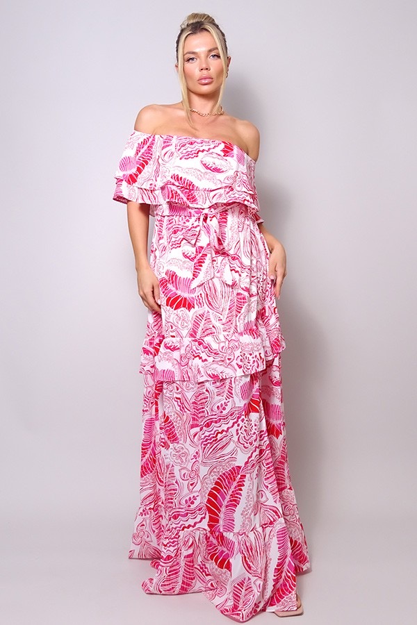 CD21096
$475

OFF SHOULDER TIERED SUMMER PRINT MAXI DRESS
SELF: 100% POLYESTER
LINING: 100% POLYESTER
IMPORTED